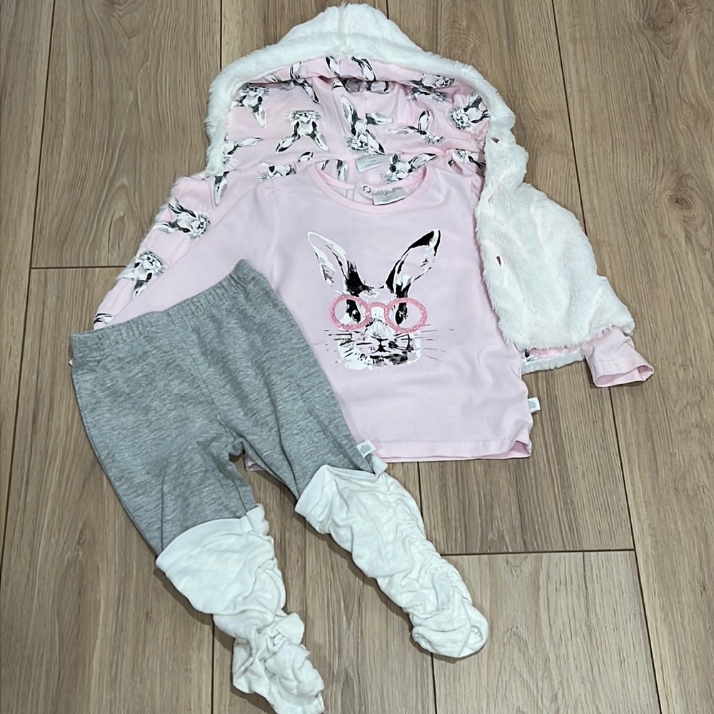 Rosie Pope Faux Fur Vest, Bunny Print Shirt, and Pants Set